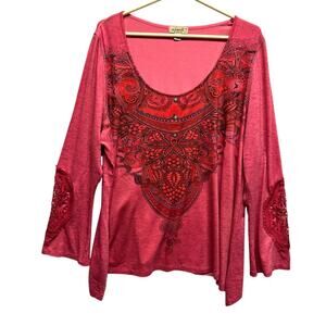 World Unity Women LS 2X Spandex Blend Tops Lace Boho Resort Pink
